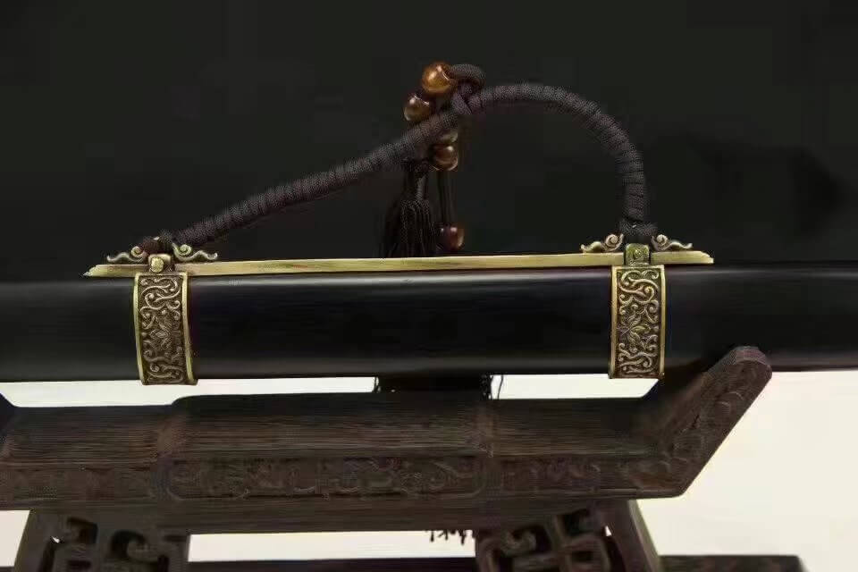 Conquering Demons sword,Damascus steel blade,Black scabbard,Brass fittings - Chinese sword shop