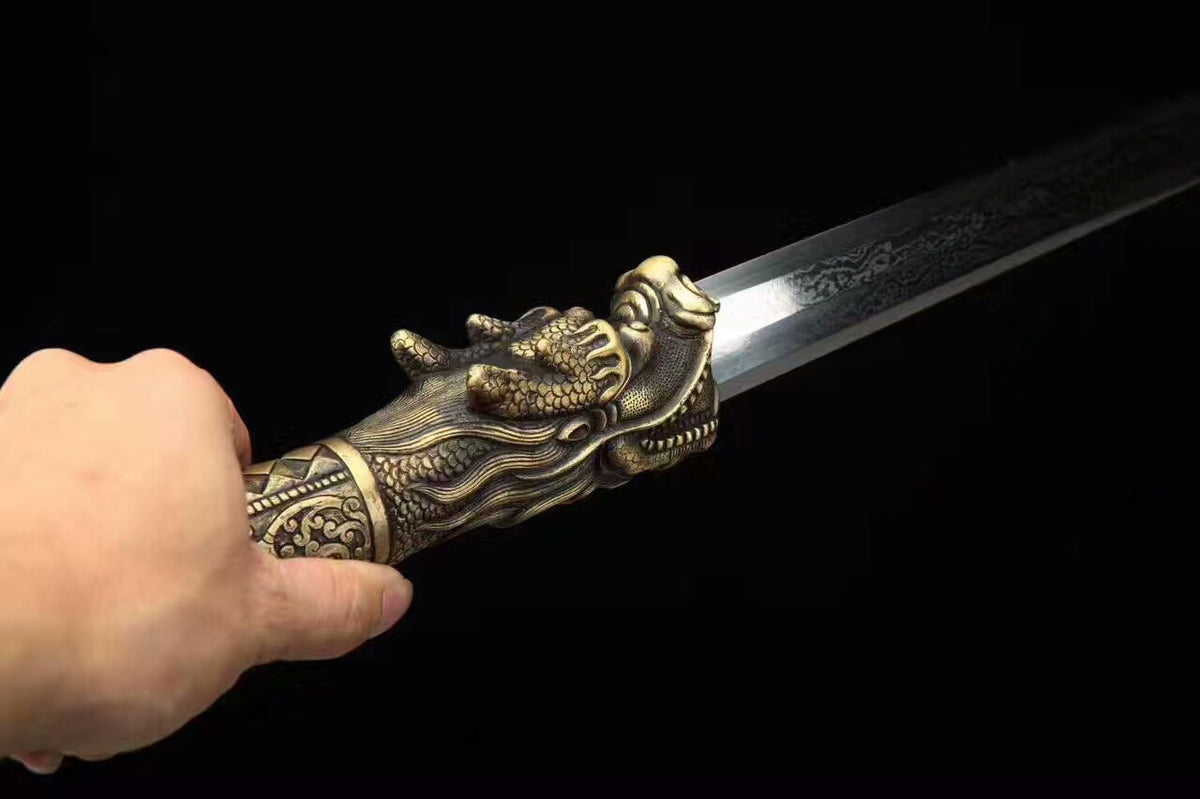 Dragon sword(Damascus Steel blade,Leather scabbard,Brass)Length 31" - Chinese sword shop