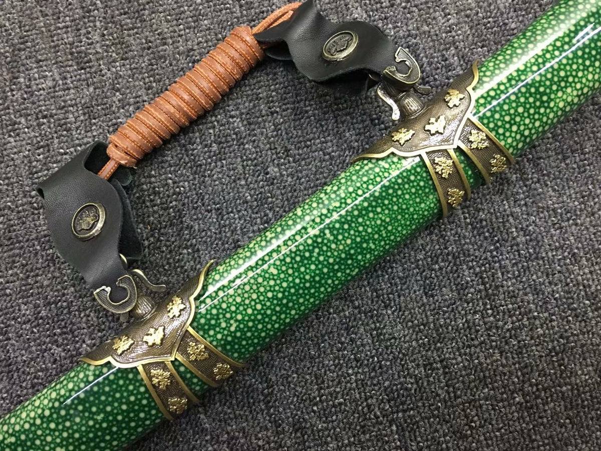 Nihontou katana,Green skin scabbard,Damascus steel burn blade,Brass,Full tang - Chinese sword shop