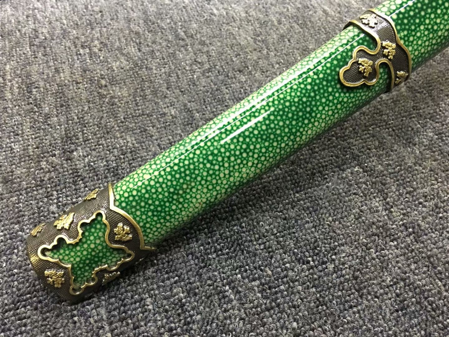 Nihontou katana,Green skin scabbard,Damascus steel burn blade,Brass,Full tang - Chinese sword shop