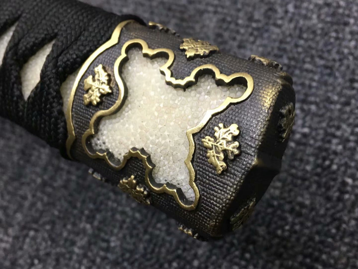 Nihontou katana,Green skin scabbard,Damascus steel burn blade,Brass,Full tang - Chinese sword shop