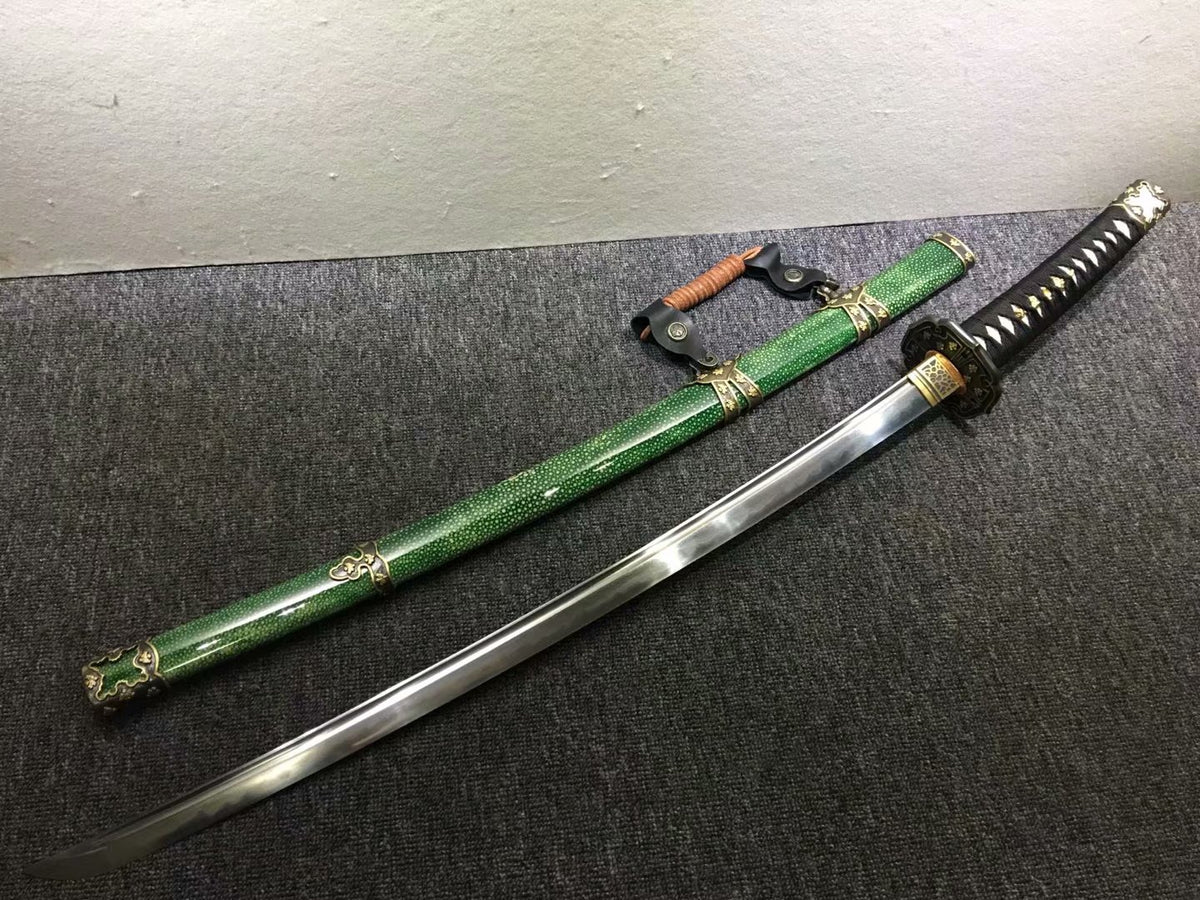 Nihontou katana,Green skin scabbard,Damascus steel burn blade,Brass,Full tang - Chinese sword shop