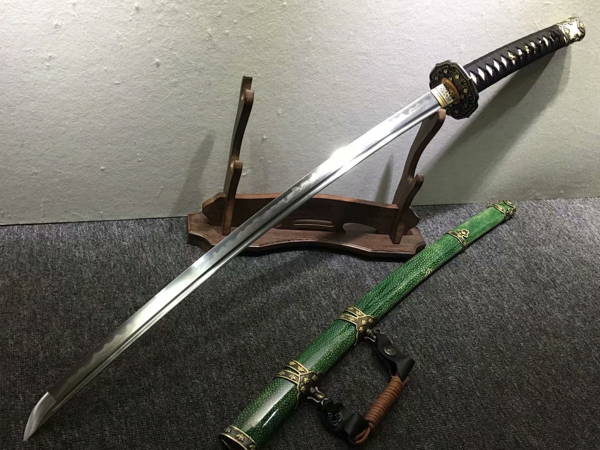 Nihontou katana,Green skin scabbard,Damascus steel burn blade,Brass,Full tang - Chinese sword shop