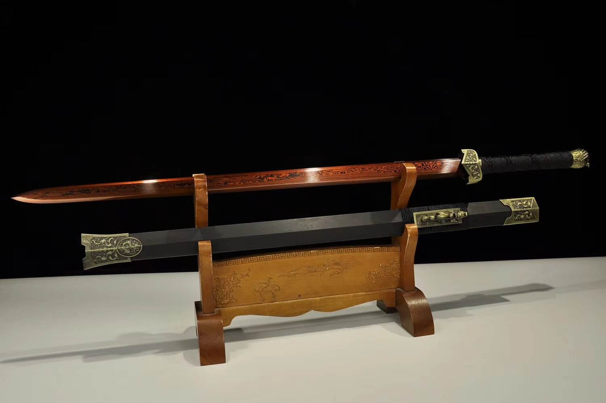 Han jian,Damascus Steel red blade,Black wood,Alloy - Chinese sword shop