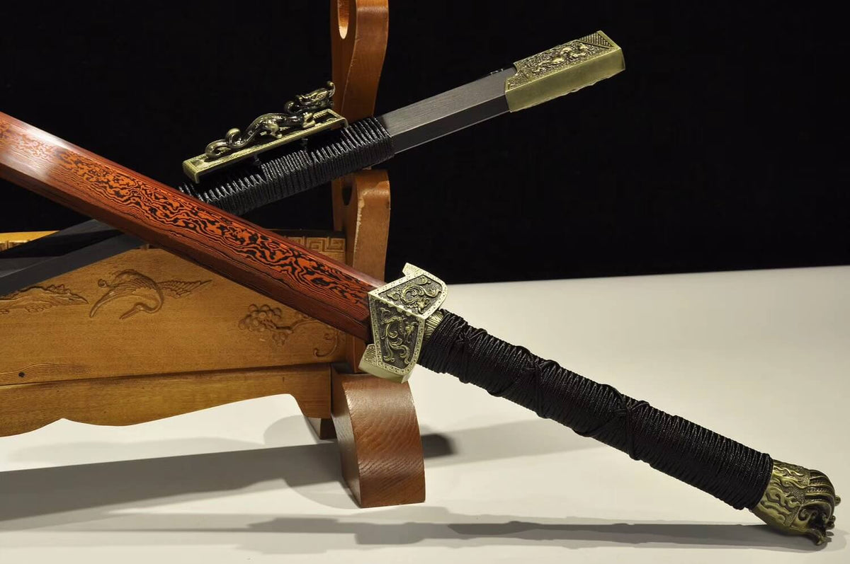 Han jian,Damascus Steel red blade,Black wood,Alloy - Chinese sword shop