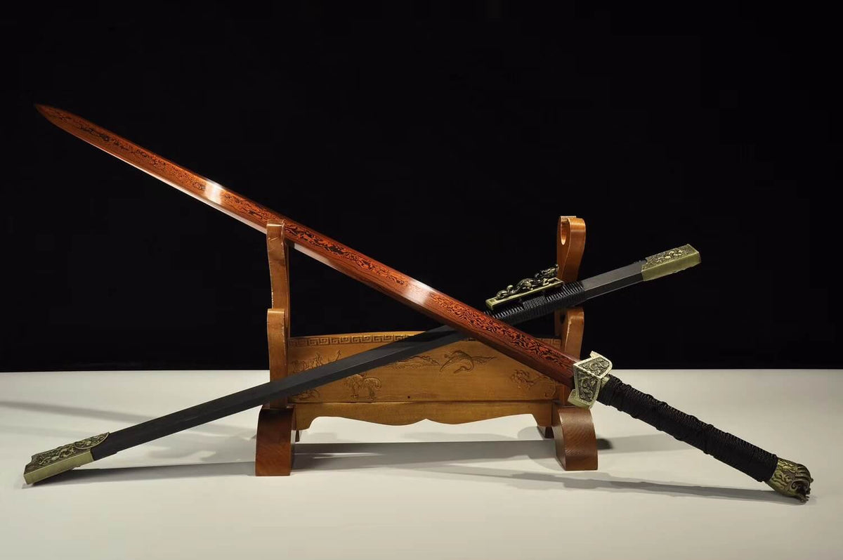 Han jian,Damascus Steel red blade,Black wood,Alloy - Chinese sword shop