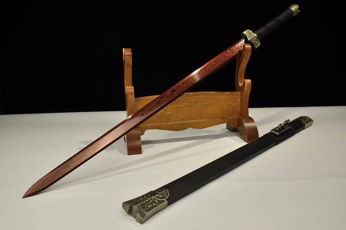 Han jian,Damascus Steel red blade,Black wood,Alloy - Chinese sword shop