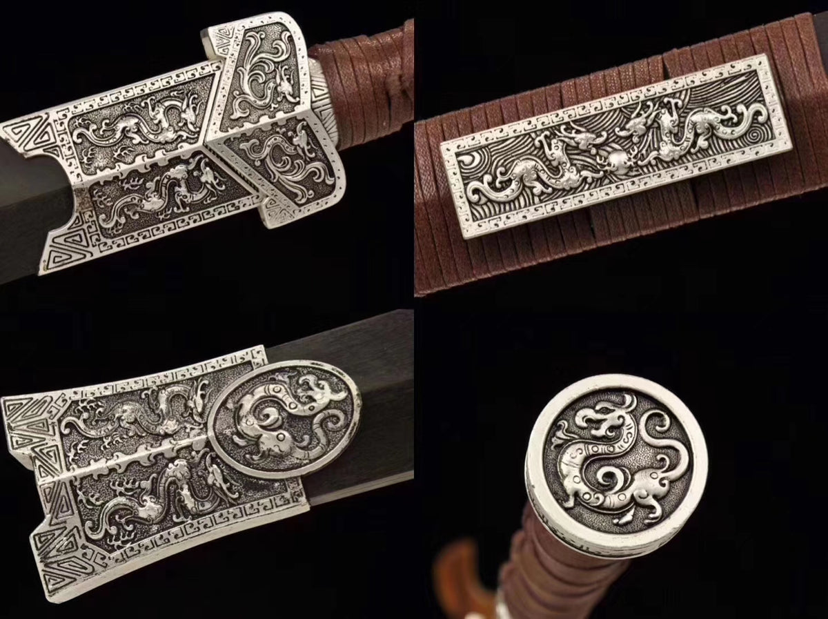 Qin jian,Handmade Damascus Steel red blade,Black wood,Alloy - Chinese sword shop