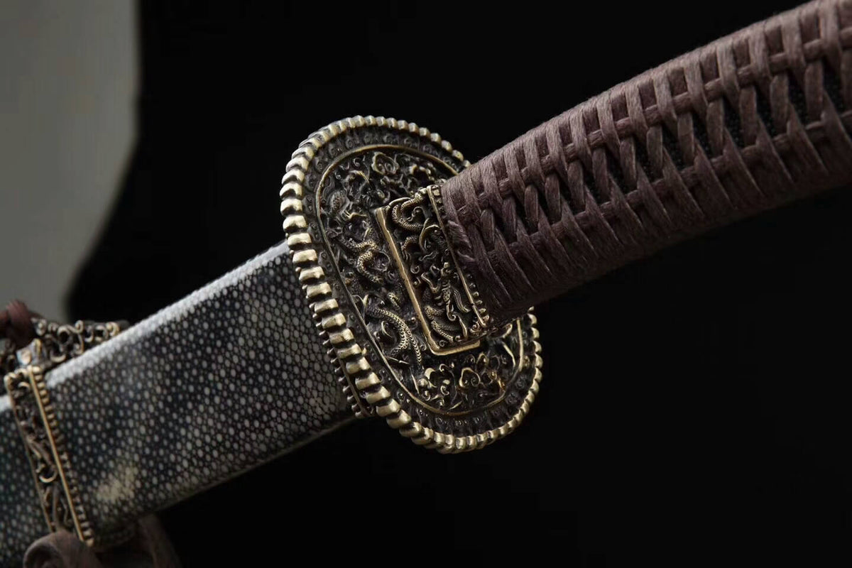 Qin Broadsword(Folded steel blade,Black skin Scabbard,Brass fitting)Length 37" - Chinese sword shop
