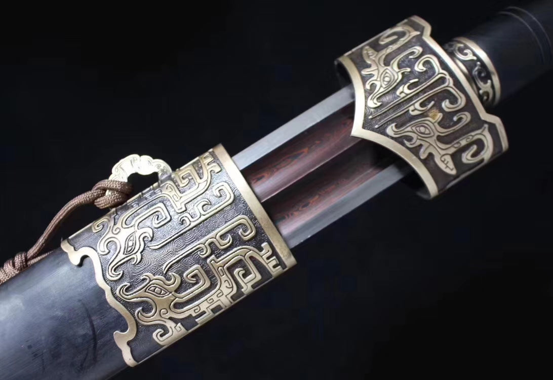 Yuewang sword,Damascus steel blade,Black wood scabbard,Brass - Chinese sword shop
