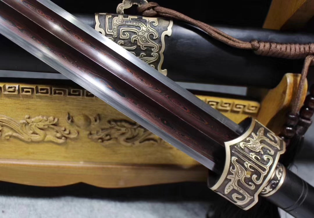 Yuewang sword,Damascus steel blade,Black wood scabbard,Brass - Chinese sword shop