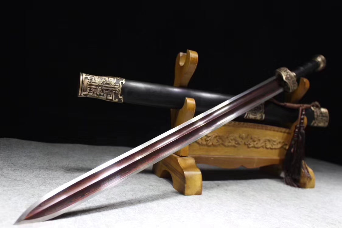 Yuewang sword,Damascus steel blade,Black wood scabbard,Brass - Chinese sword shop