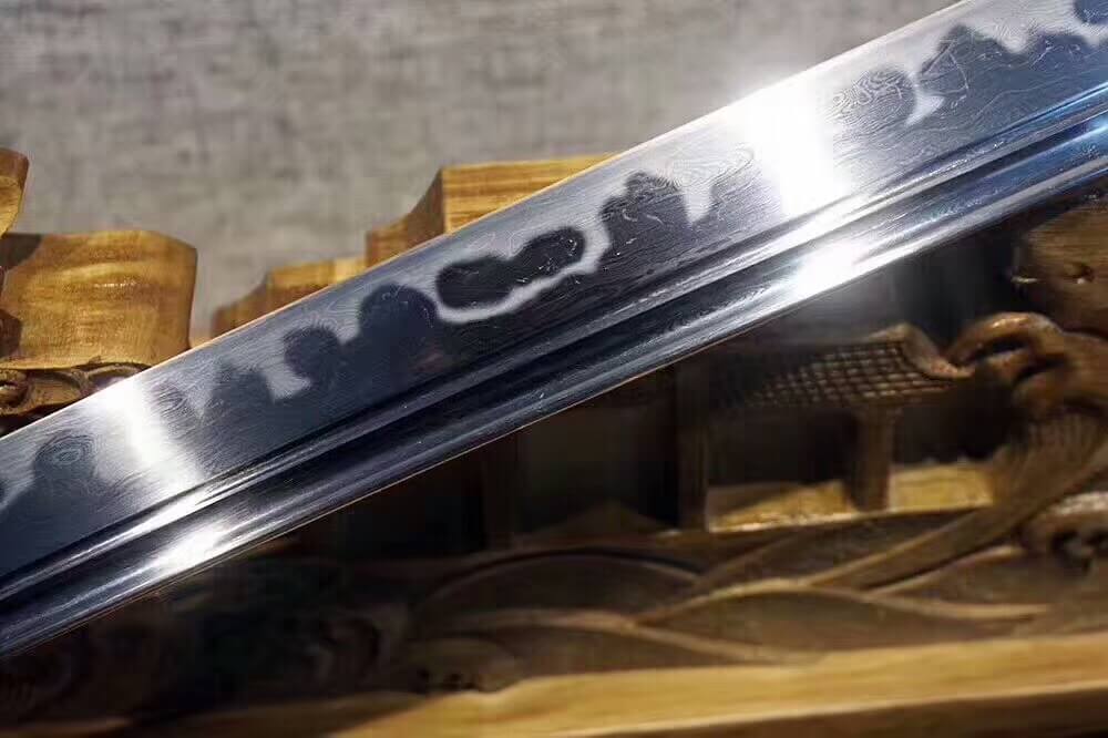 Broadsword(Pattern steel burn blade,Black skin scabbard,Brass fitting)Handmade art - Chinese sword shop