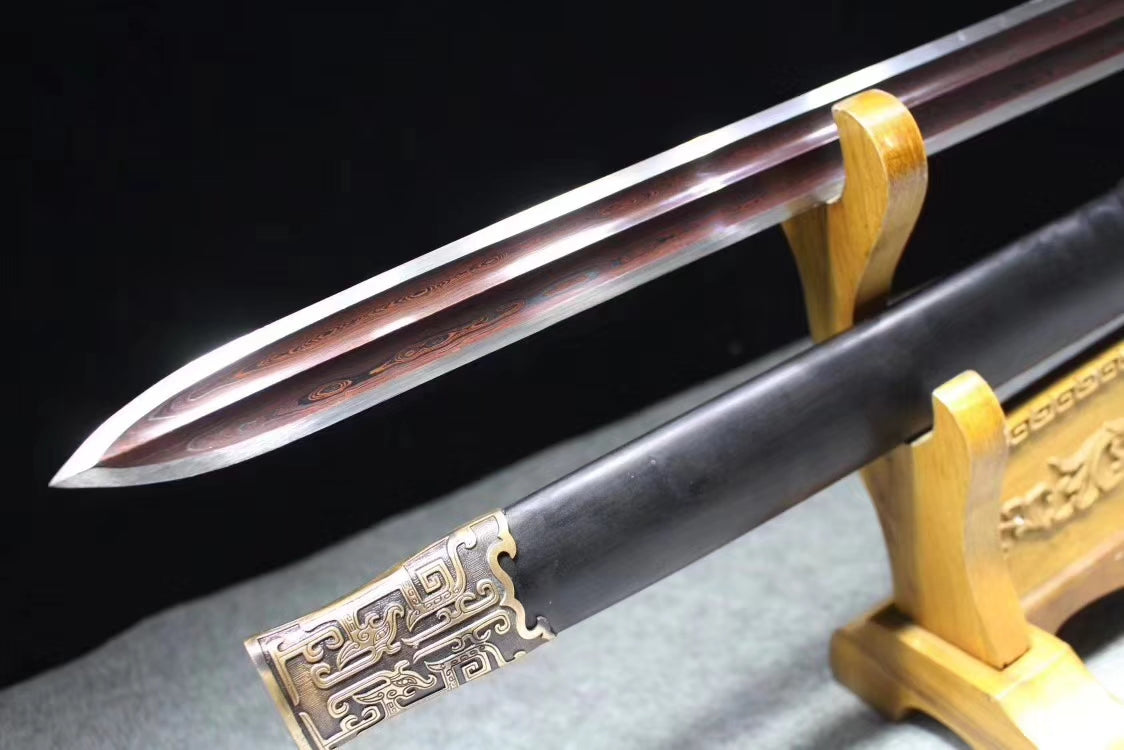 Yuewang sword,Damascus steel blade,Black wood scabbard,Brass - Chinese sword shop