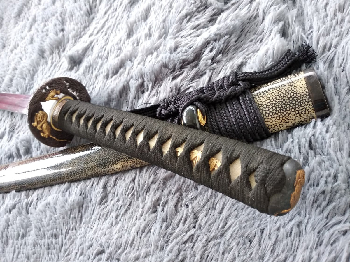 Samurai sword,Katana,Damascus steel burn blade,Skin scabbard,Brass tosogu - Chinese sword shop