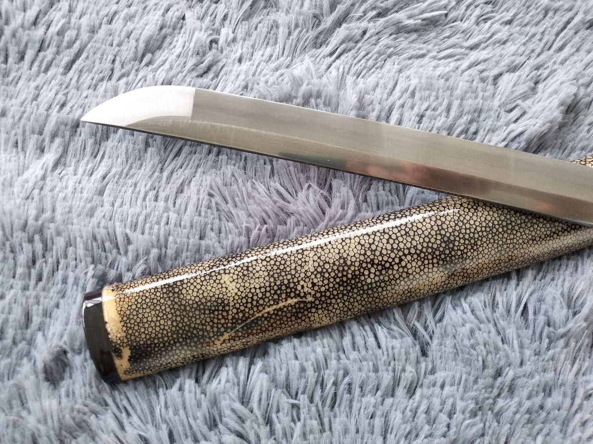 Samurai sword,Katana,Damascus steel burn blade,Skin scabbard,Brass tosogu - Chinese sword shop