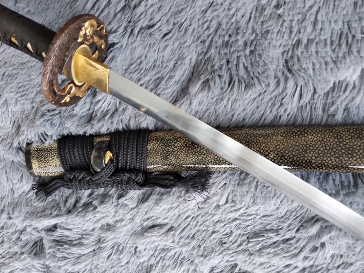 Samurai sword,Katana,Damascus steel burn blade,Skin scabbard,Brass tosogu - Chinese sword shop