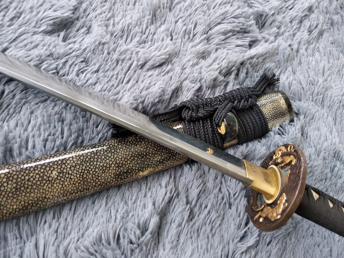 Samurai sword,Katana,Damascus steel burn blade,Skin scabbard,Brass tosogu - Chinese sword shop