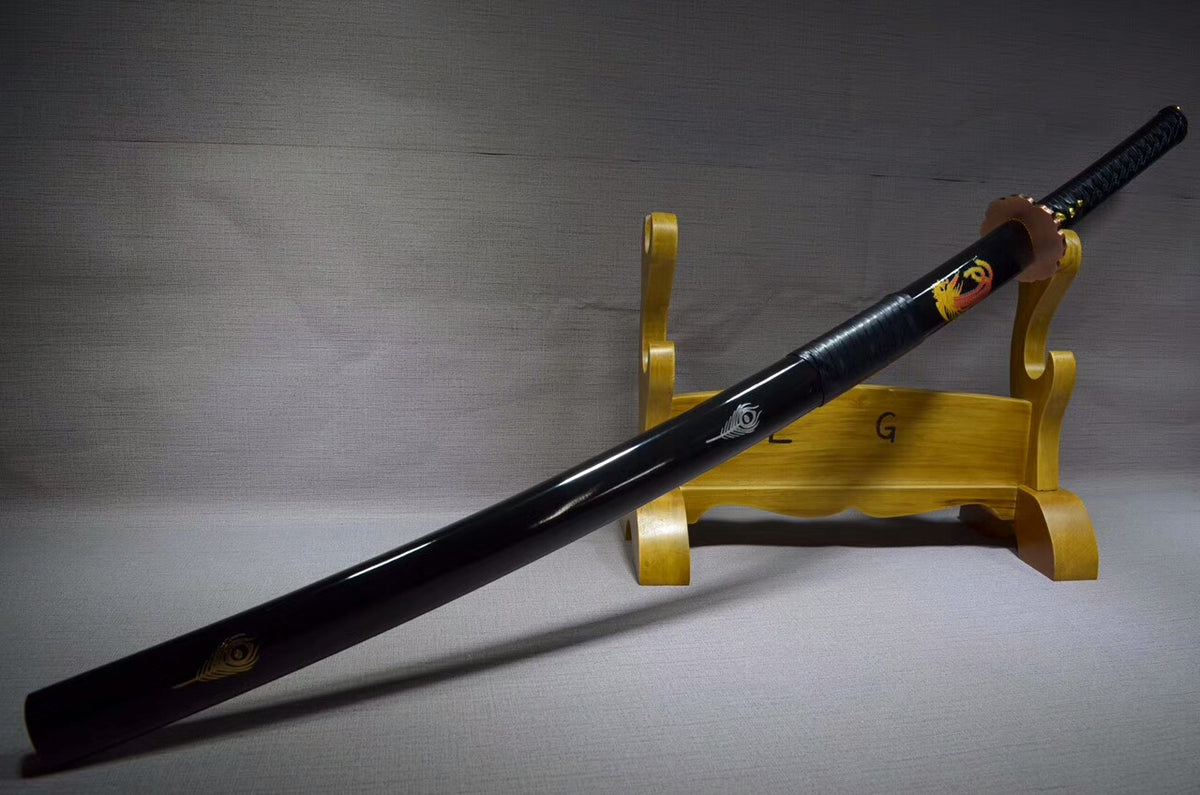 Katana(T10 high carbon steel burn blade,Black scabbard,Brass fitted)Full tang,Length 39" - Chinese sword shop