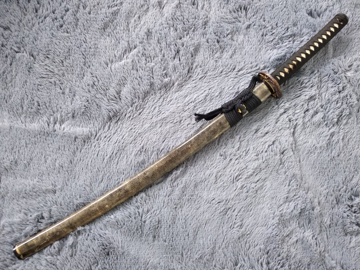 Samurai sword,Katana,Damascus steel burn blade,Skin scabbard,Brass tosogu - Chinese sword shop