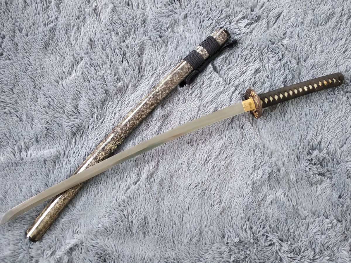 Samurai sword,Katana,Damascus steel burn blade,Skin scabbard,Brass tosogu - Chinese sword shop