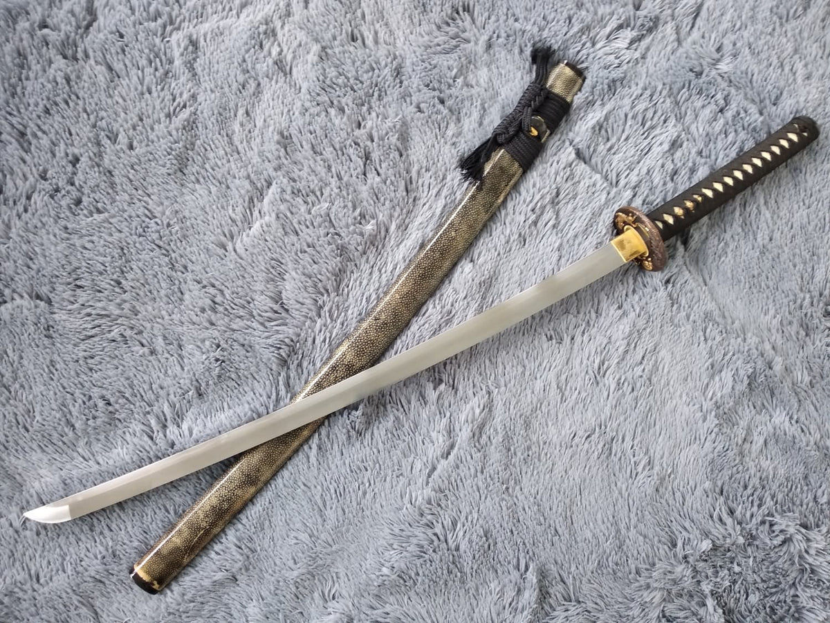 Samurai sword,Katana,Damascus steel burn blade,Skin scabbard,Brass tosogu - Chinese sword shop