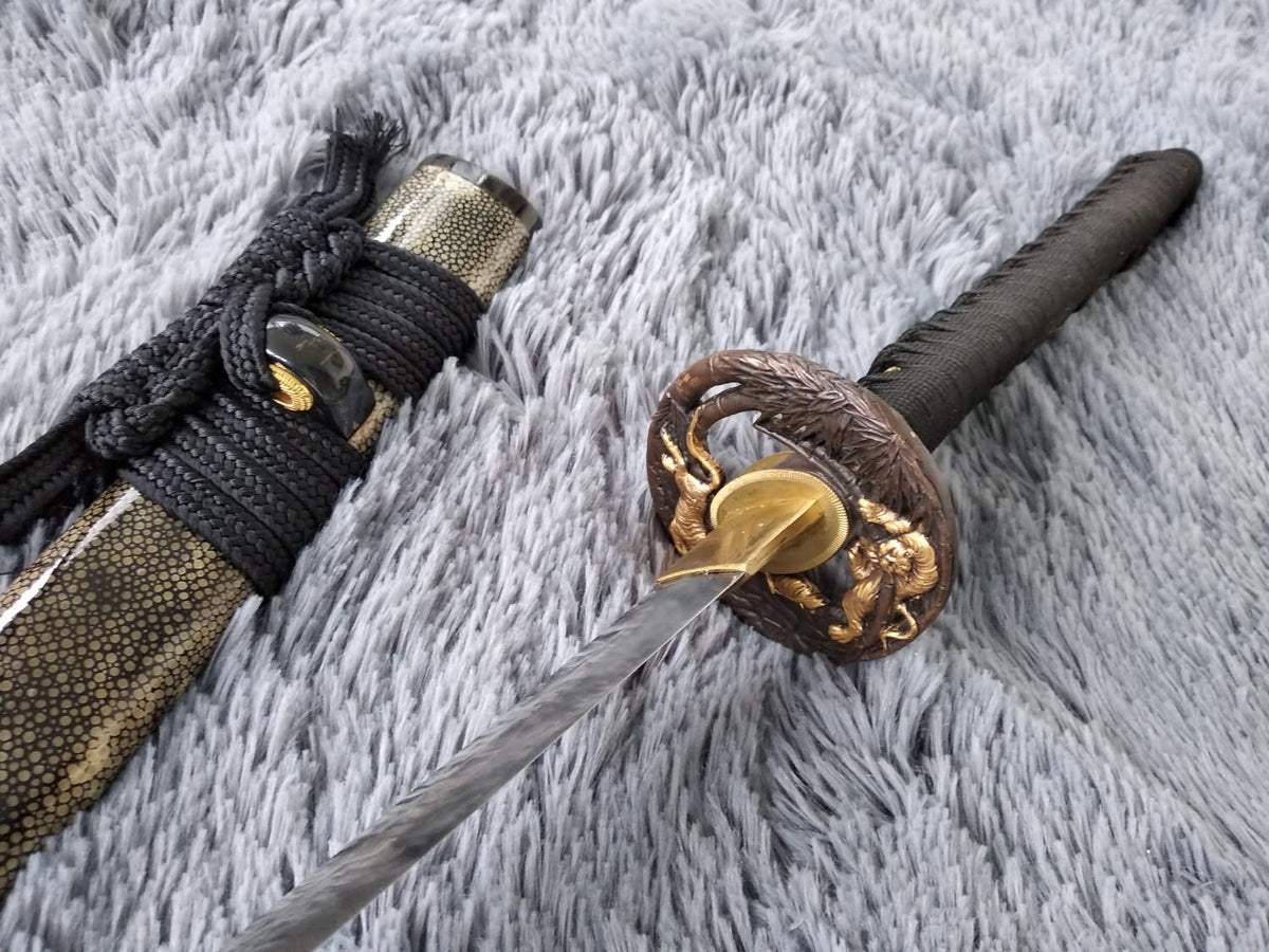 Samurai sword,Katana,Damascus steel burn blade,Skin scabbard,Brass tosogu - Chinese sword shop