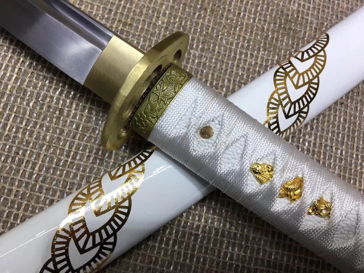 Katana,Medium carbon steel bade,White scabbard,Brass tosogu - Chinese sword shop
