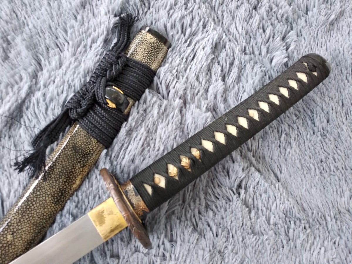 Samurai sword,Katana,Damascus steel burn blade,Skin scabbard,Brass tosogu - Chinese sword shop