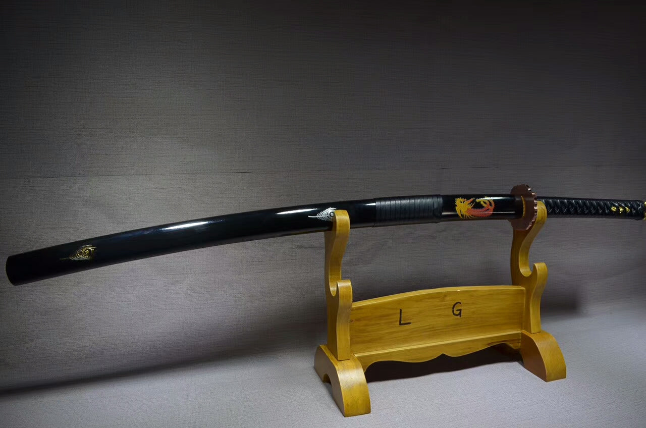 Katana(T10 high carbon steel burn blade,Black scabbard,Brass fitted)Full tang,Length 39" - Chinese sword shop