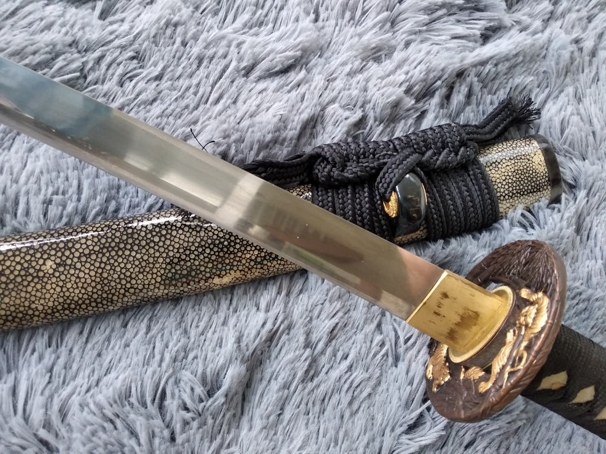 Samurai sword,Katana,Damascus steel burn blade,Skin scabbard,Brass tosogu - Chinese sword shop