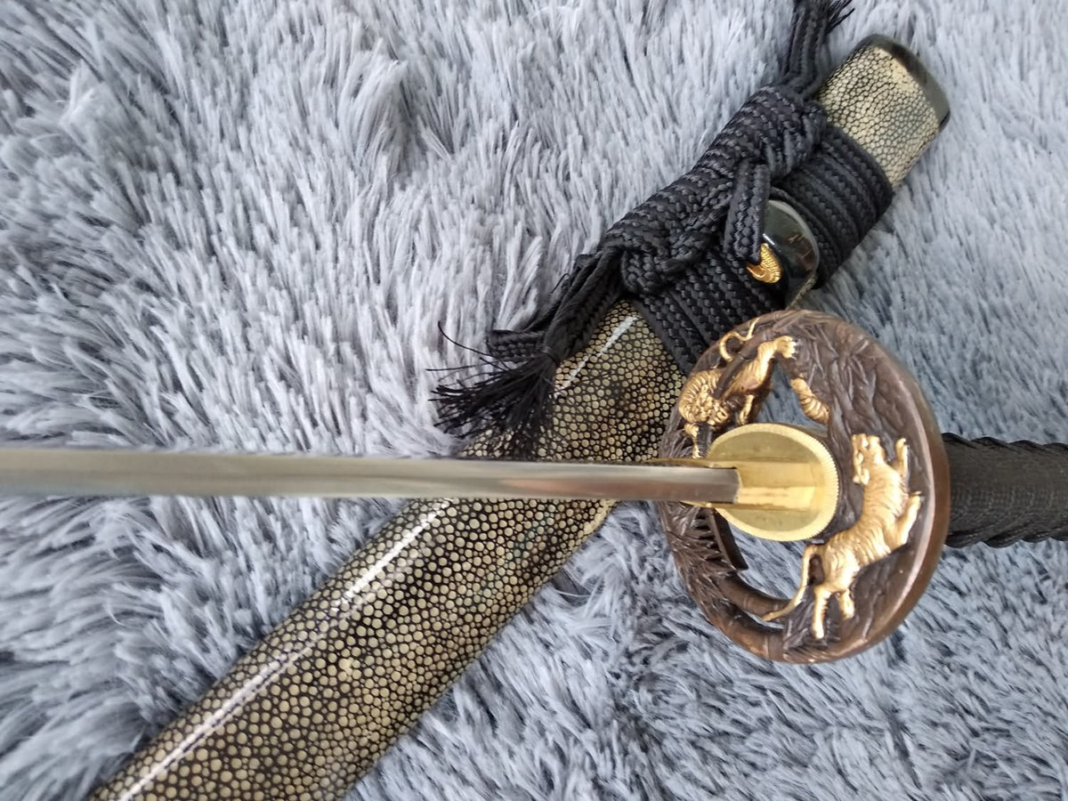 Samurai sword,Katana,Damascus steel burn blade,Skin scabbard,Brass tosogu - Chinese sword shop
