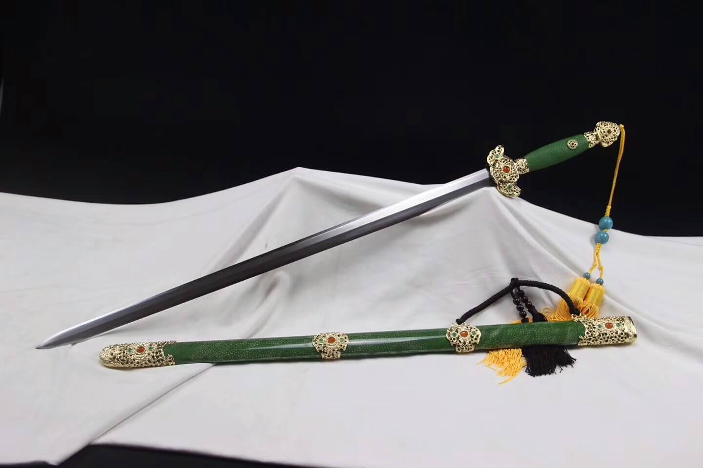Longquan sword,Folded steel,Green skin scabbard,Brass fitting,Full tang - Chinese sword shop