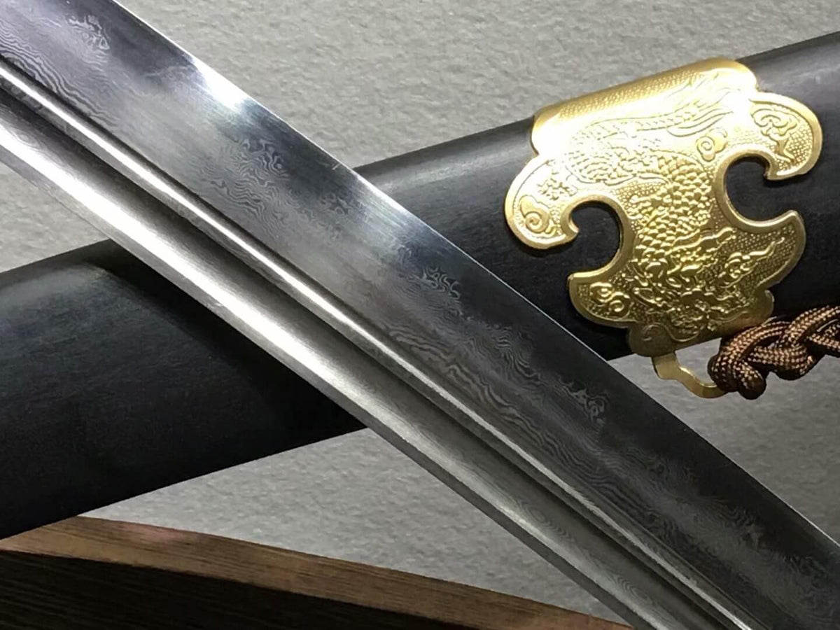 Tai chi dao,Hand forged,Damascus steel blade,Black wood,Brass - Chinese sword shop