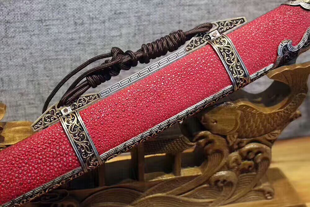 Broadsword,Damascus steel burn blade,Red skin scabbard,Brass fitting - Chinese sword shop