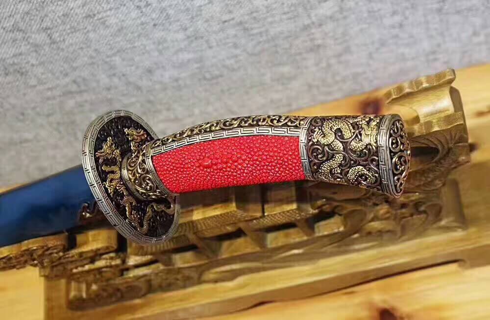 Broadsword,Damascus steel burn blade,Red skin scabbard,Brass fitting - Chinese sword shop
