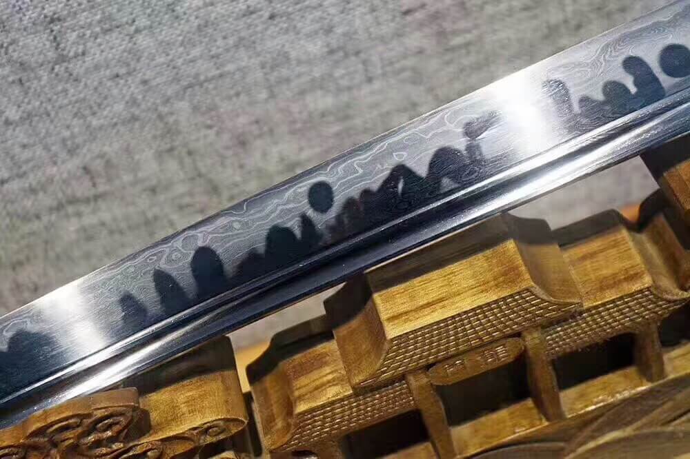 Broadsword,Damascus steel burn blade,Red skin scabbard,Brass fitting - Chinese sword shop