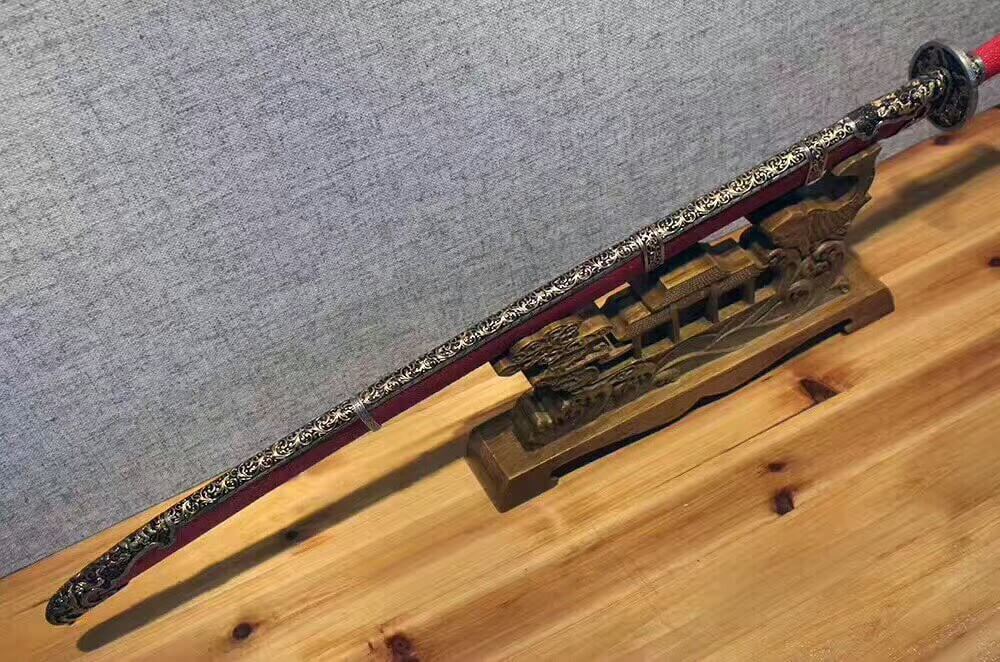 Broadsword,Damascus steel burn blade,Red skin scabbard,Brass fitting - Chinese sword shop