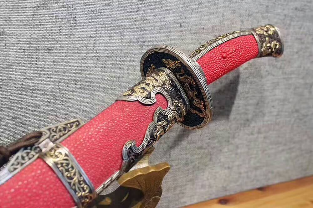 Broadsword,Damascus steel burn blade,Red skin scabbard,Brass fitting - Chinese sword shop