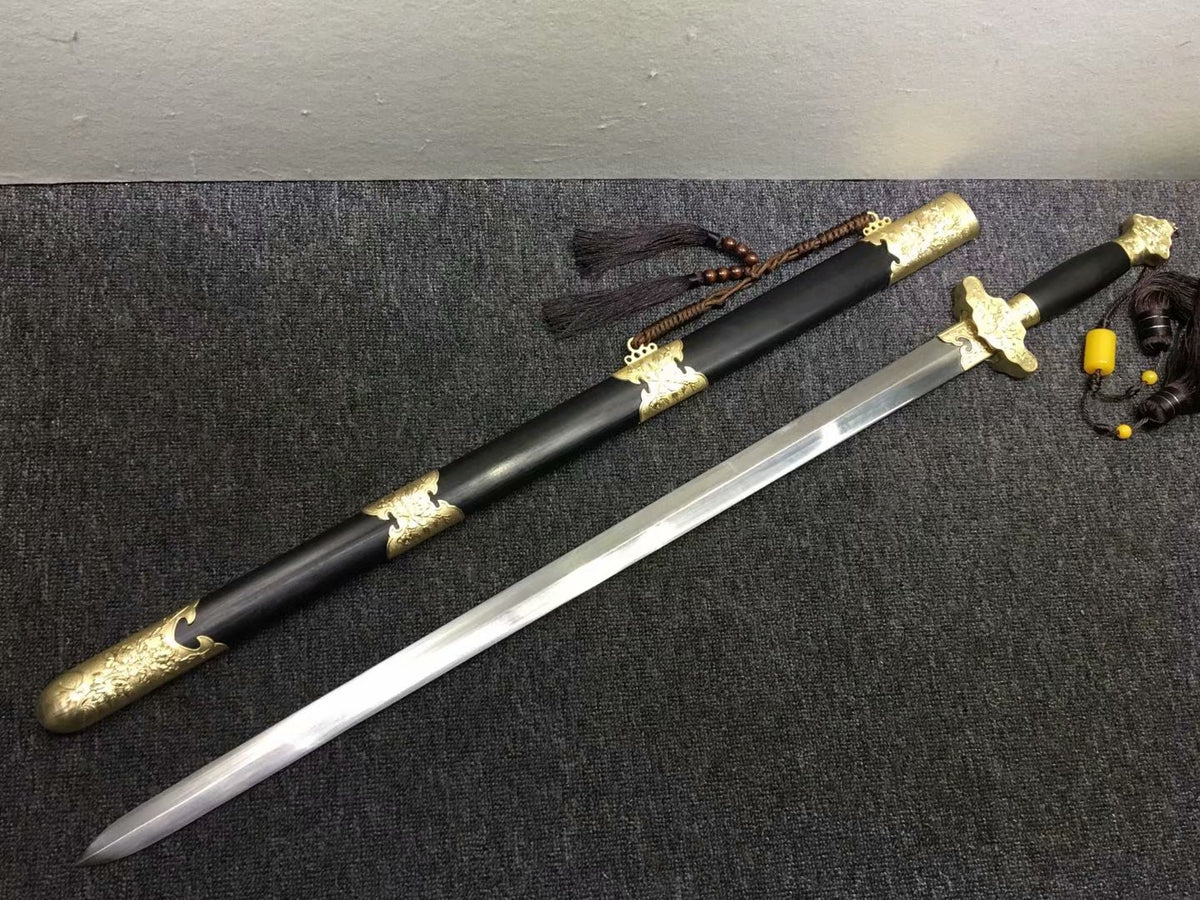 Peony sword,Handmade Damascus steel blade,Brass,Black wood,Full tang - Chinese sword shop