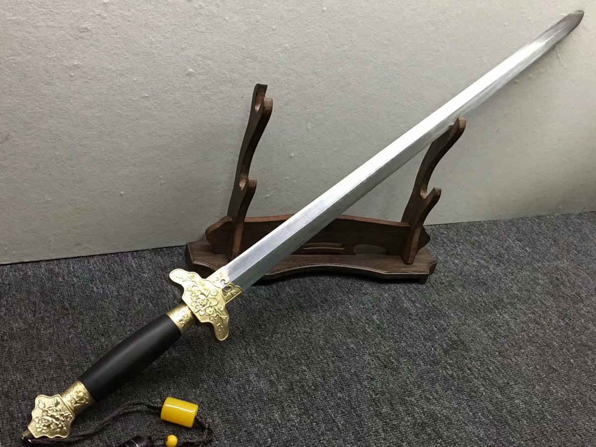 Peony sword,Handmade Damascus steel blade,Brass,Black wood,Full tang - Chinese sword shop