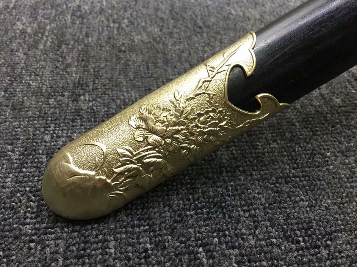 Peony sword,Handmade Damascus steel blade,Brass,Black wood,Full tang - Chinese sword shop