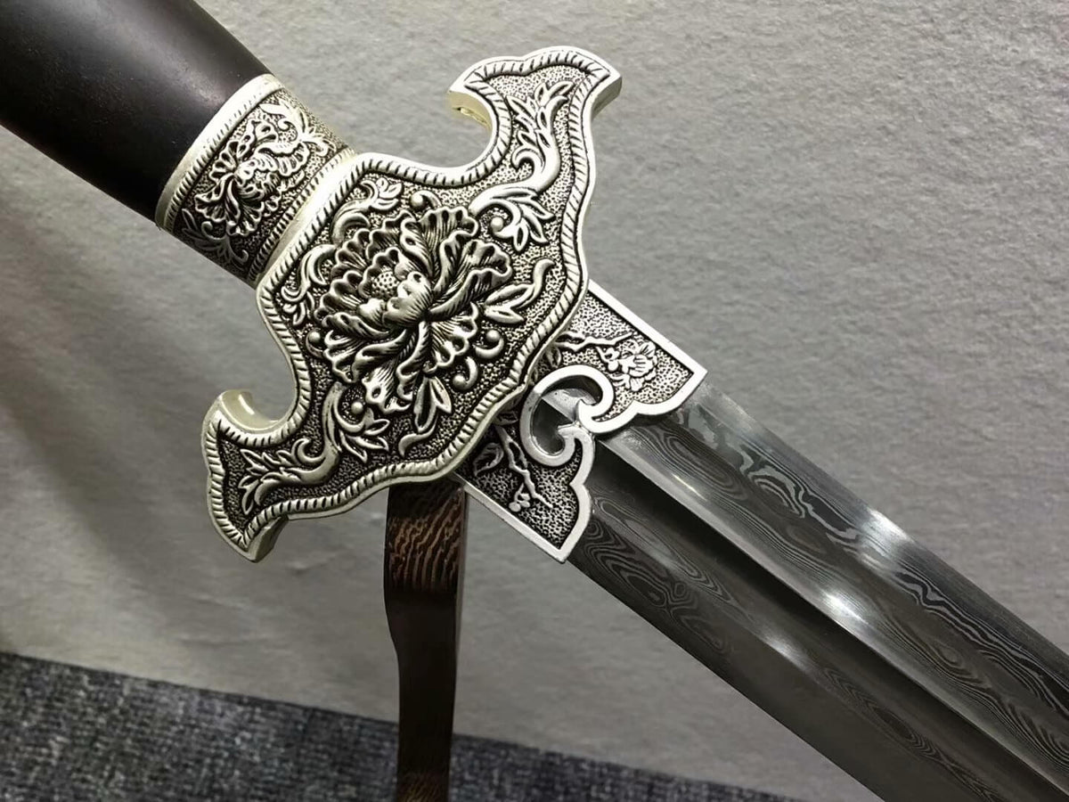 Peony sword(Damascus steel blade,Black wood,Alloy)Hand Forged - Chinese sword shop