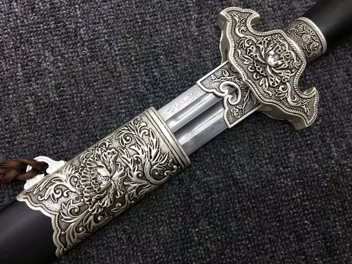 Peony sword(Damascus steel blade,Black wood,Alloy)Hand Forged - Chinese sword shop