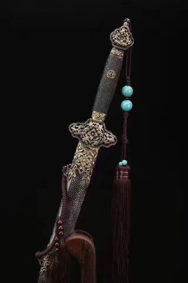 Peony sword,Folded steel,Black Skin scabbard,Brass fittings,Length 40 inch - Chinese sword shop