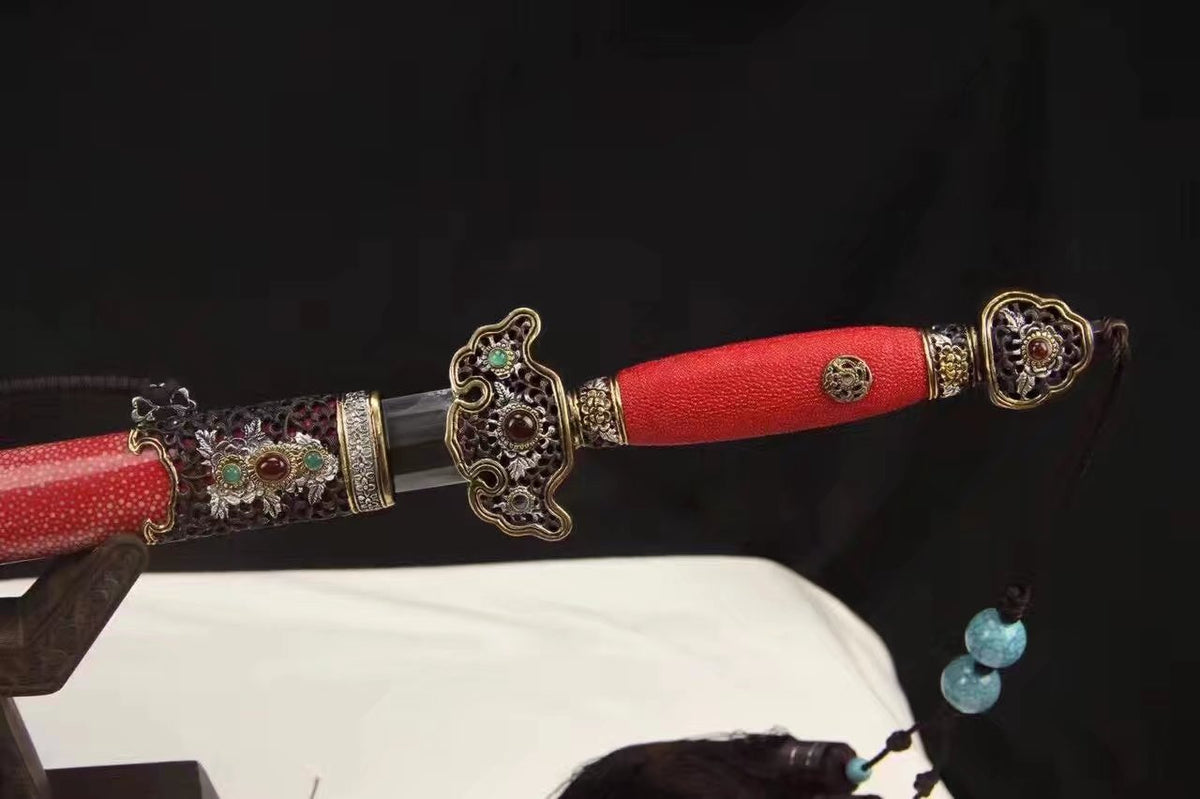 Chinese sword,Damascus steel blade,Skin scabbard,Brass fitting,Full tang&Handmade art - Chinese sword shop
