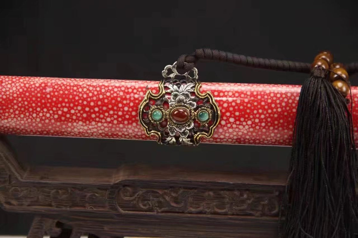 Chinese sword,Damascus steel blade,Skin scabbard,Brass fitting,Full tang&Handmade art - Chinese sword shop