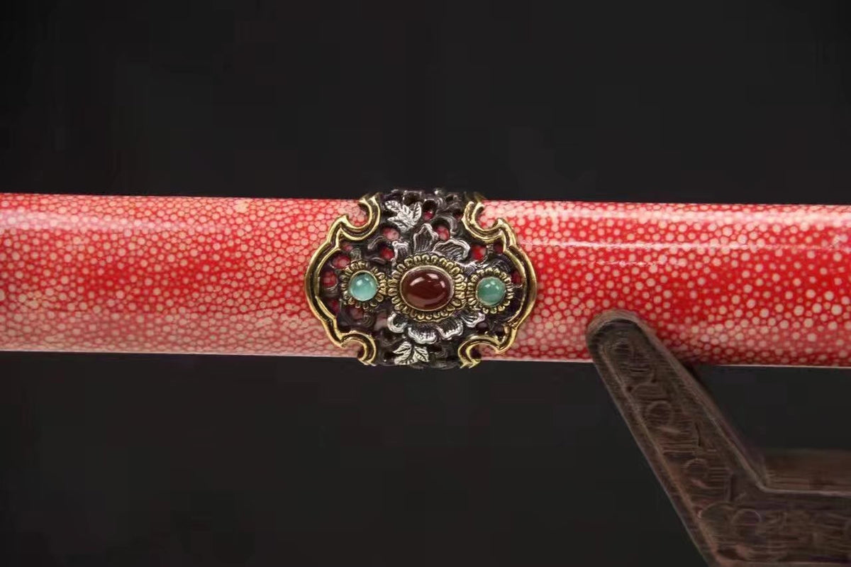 Chinese sword,Damascus steel blade,Skin scabbard,Brass fitting,Full tang&Handmade art - Chinese sword shop
