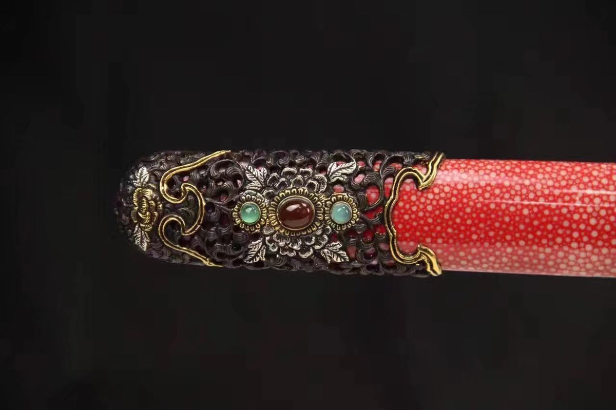 Chinese sword,Damascus steel blade,Skin scabbard,Brass fitting,Full tang&Handmade art - Chinese sword shop