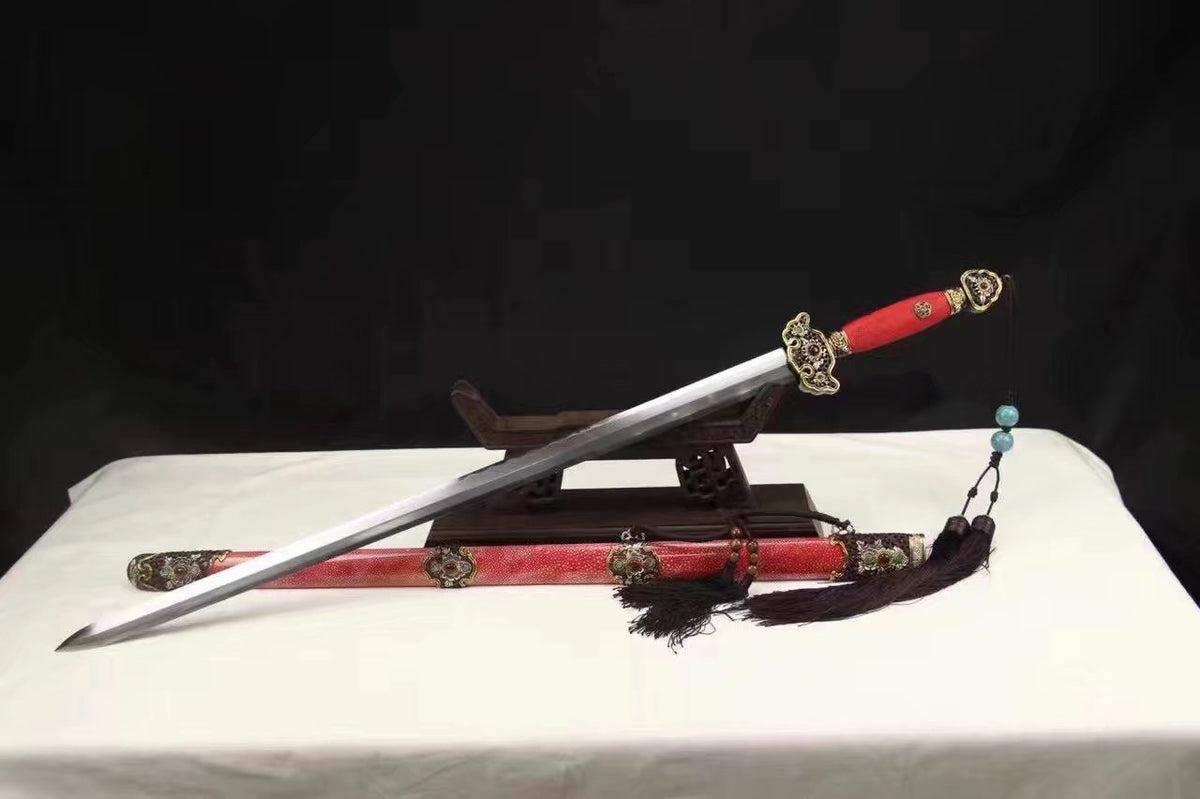 Chinese sword,Damascus steel blade,Skin scabbard,Brass fitting,Full tang&Handmade art - Chinese sword shop